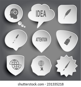 Human brain, idea, feather, ink pen, attention, glue bottle, shift globe, little man with globe, brush. White vector buttons on gray.