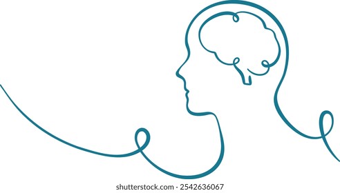 Human brain illustration, line art swirl face profile banner, vector decorative clip art design