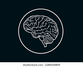 Human brain illustration logo symbol of human intelligence cool white silhouette line art on black background and suitable for community or company logo design and article illustration