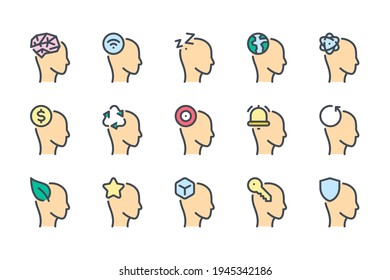 Human brain and Imagination color line icon set. Knowledge and Psychology linear icons. Mind, Ideas and Thoughts colorful outline vector sign collection.