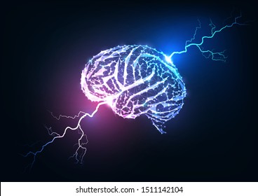 Human brain impulse concept. Futuristic glowing low polygonal brain and lightnings isolated on dark blue and purple background. Neurology, psychology, nervous system research. Vector illustration.