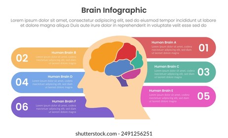 human brain infographic template banner with human head and round rectangle box on behind with 6 point list information for slide presentation vector