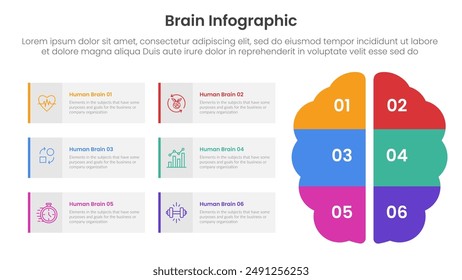 human brain infographic template banner with brain view from top with box container with 6 point list information for slide presentation vector