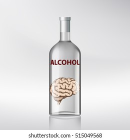 Human Brain Inside A Bottle With Alcohol. Stock Vector Illustration.