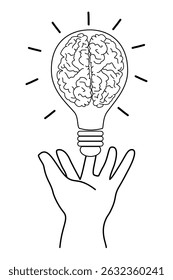 Human Brain Inside Bulb Floating Above Hand, Brainstorming, Innovation, and Mental Energy Concept