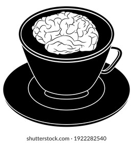 Human brain inside cup of tea or coffee. Creative funny beverage concept. Black and white silhouette.