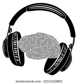 Human brain inside headphones. Creative concept. Listen to your mind. Monochrome silhouette. Isolated vector illustration. 