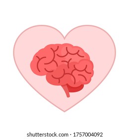 The human brain inside the heart. Harmony between the senses and the mind. Brain care, love. Psychology and psychotherapy. Vector illustration, flat design cartoon style. Isolated on white background.