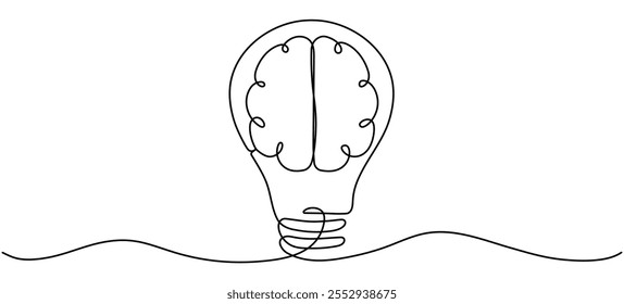 Human brain inside light bulb continuous line art drawing. Wisdom concept. Creative idea and insight  symbol. Vector illustration isolated on white.