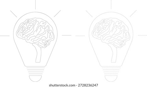 Human brain inside light bulb outline icon set with solid and dashed stroke, creative idea innovation thinking concept isolated on white vector