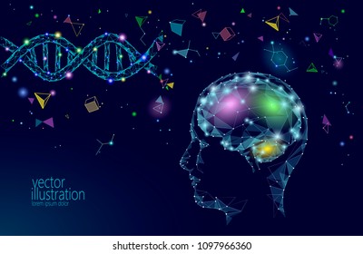 Human brain IQ smart business concept. E-learning nootropic drug supplement DNA medicine neuroscience braingpower. Brainstorm creative idea project work low poly polygonal vector illustration