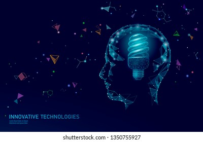 Human brain IQ smart business concept. Fluorescent lamp ecology idea brain power. Brainstorm creative idea project work low poly polygonal vector illustration