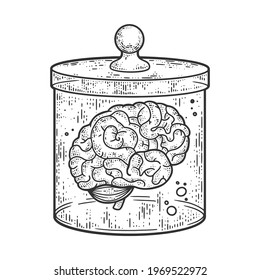 human brain in jar of formalin sketch engraving vector illustration. T-shirt apparel print design. Scratch board imitation. Black and white hand drawn image.