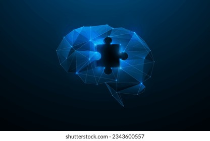 El cerebro humano con un agujero de rompecabezas. Inteligencia creativa, artificial, IA. Bajo poligono y alambre de puntos y líneas. Ilustración del vector