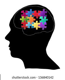 Human Brain with Jigsaw Puzzle for Think Idea Concept Vector Outline Sketched Up, Vector Illustration EPS 10.