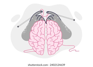 Human brain with knitting needles in hands as metaphor for caring for development intelligence and harmony of inner world. Pink brain for advertising psychological treatments or meditation practices