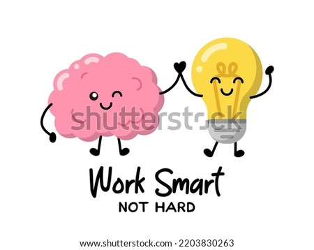 Human brain and lamp bulb for patches, badges, stickers, posters. Cute funny cartoon character icon in asian japanese kawaii style. Work smart Not Hard motivational and creative quote.