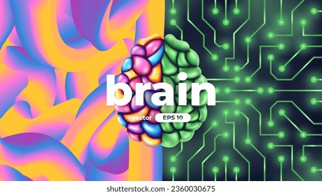 Human brain. Left and right cerebral hemispheres, two parts concept. Creative part and logic, analytical part. Sciences and art. 3d template. Vibrant colors. Microchip. Vector illustration eps10.