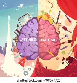 Human brain left and right side difference educative learning aid retro cartoon symbolic poster print vector illustration 