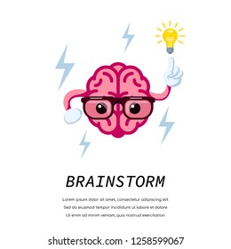 Human brain with light bulb. Brainstorm concept banner design. Flat style illustration.