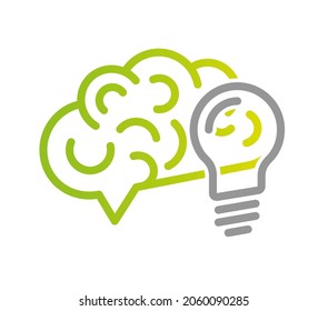 El cerebro humano y una bombilla. En verde y gris. Símbolo de creatividad