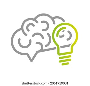 El cerebro humano y una bombilla. En verde y gris. Símbolo de creatividad