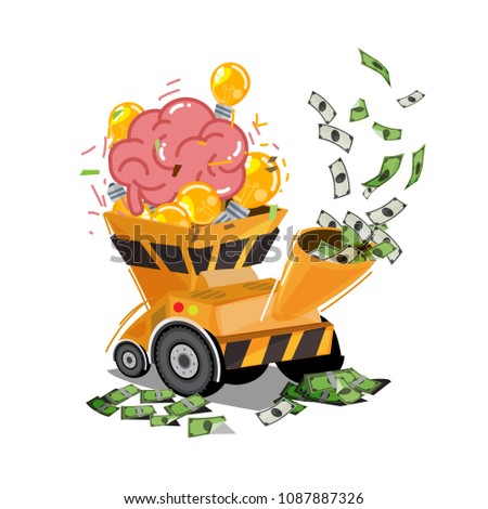 Human brain with light bulb of idea in chipper machine and output to money - vector illustration