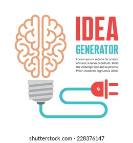 Human brain in light bulb lamp vector illustration. Creative idea inspiration generator - infographic concept banner for presentation, booklet, web site and other design projects. Mind layout. 