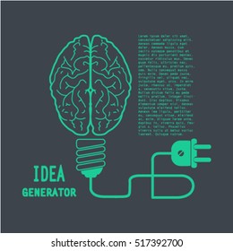 Human brain in light bulb lamp vector illustration. Creative idea inspiration generator - infographic concept banner for presentation, booklet, web site and other design projects. Mind layout.