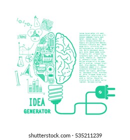 Human brain in light bulb lamp vector illustration. Creative idea inspiration generator - infographic concept banner for presentation, booklet, web site and other design projects. Mind layout.
