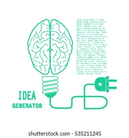 Human brain in light bulb lamp vector illustration. Creative idea inspiration generator - infographic concept banner for presentation, booklet, web site and other design projects. Mind layout.