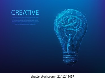 human brain light bulb low poly wireframe. creative idea innovation. learning startup lamp symbol. vector illustration digital technology design.