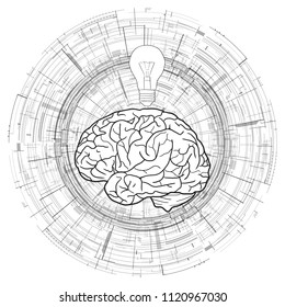 Human brain and a light bulb on  technical circular background. Idea, inspiration.  Vector black and white microchips background for your creativity