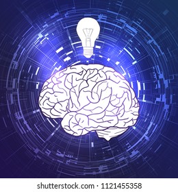 Human brain and a light bulb  on violet techno background. Idea, inspiration.  Vector element for your design 