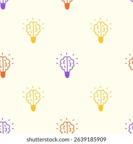 Human Brain Light Bulb Seamless Pattern. Brainstorming multicolored Background with doodle icons. Repeat vector illustration in cartoon line style