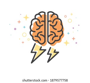 Human brain and lightning bolt icon for brainstorming techniques to generate creative ideas. Flat filled outline style. Editable vector.
