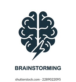 Human Brain with Lightning, Brainstorming Concept Silhouette Icon. Brainstorm Glyph Pictogram. Think about Creative Idea Solid Sign. Intellectual Process Symbol. Isolated Vector Illustration.
