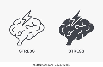 Human Brain with Lightning Headache, Anxiety and Tension Symbol Collection. Stress, Mental Problem Silhouette and Line Icon Set. Migraine, Cephalalgia, Depression. Isolated Vector Illustration.