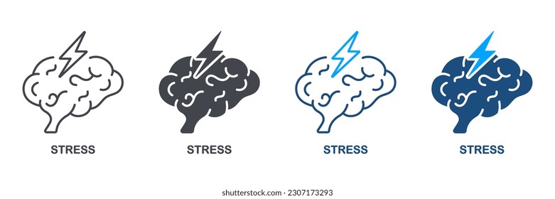 Cerebro humano con silueta relámpago y conjunto de iconos de línea. Estrés, Problema Mental. Cefalea, Ansiedad, Colección de símbolos de tensión. Migraña, Cephalalgia, Signo de depresión. Ilustración de vectores aislados.
