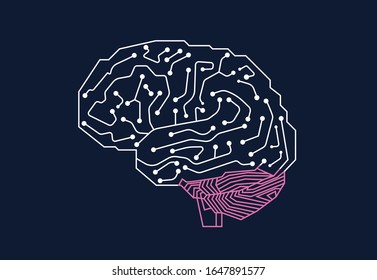 Cerebro humano con arte lineal, diseño de inteligencia artificial cerebral. Cerebro humano digital con tablero de circuitos computacionales.