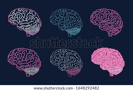 Human brain with line art set, design of brain artificial intelligence. Digital human brain with computer circuit board.