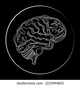 Human Brain Line Drawing Vector Logo,emblem,icon Template.Brain In Round Frame Hand Drawing Liner Illustration On Black Background,Black And Whitesektch .Human Organs