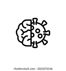 Human Brain Line Icon. Human Brain With Covid Virus.