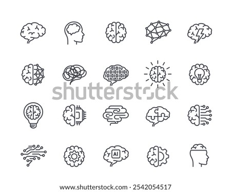 Human brain line icons set. Simple symbols related to intelligence, AI, psychology, anatomy and creativity. Editable stroke. Outline vector illustration collection isolated on white background