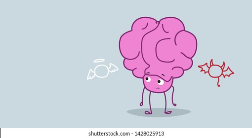 human brain listening to an angel and devil choosing between good and bad taking decision concept pink cartoon character kawaii style horizontal sketch doodle
