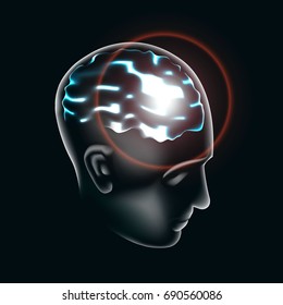 The human brain is lit up in 3d illustration. Vector.
