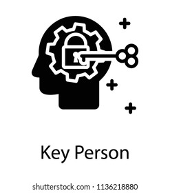 Human brain with locked gear where a key is performing unlocking process, this is key person icon