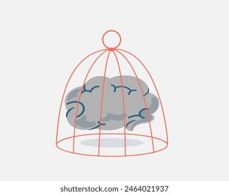 Human brain locked inside a cage. Illustration of Limited mindset and creativity. Concept of people with neurological problems, mental health or psychological disorders. Vector illustration