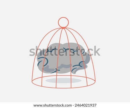 Human brain locked inside a cage. Illustration of Limited mindset and creativity. Concept of people with neurological problems, mental health or psychological disorders. Vector illustration