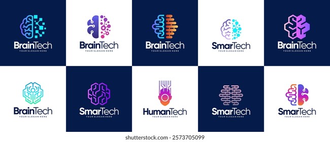 Human brain logo collection with smart technology concept, connection network, design template illustration.